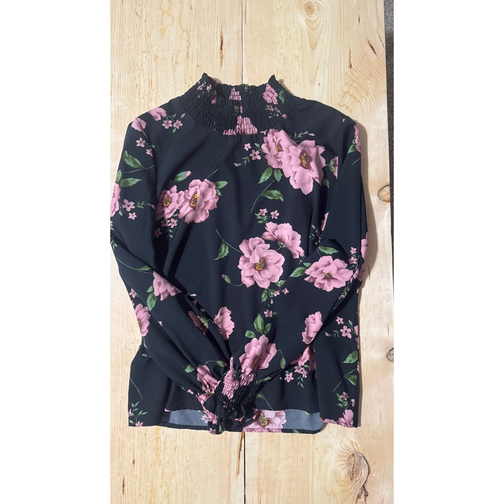 Floral Smocked‎ Mock Neck Blouse XL Black Pink Long Sleeve Keyhole Back Top
